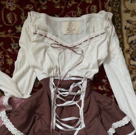 Lace-up Sweater Dress (Pointelle Brown) [SHIPS NEXT DAY]
